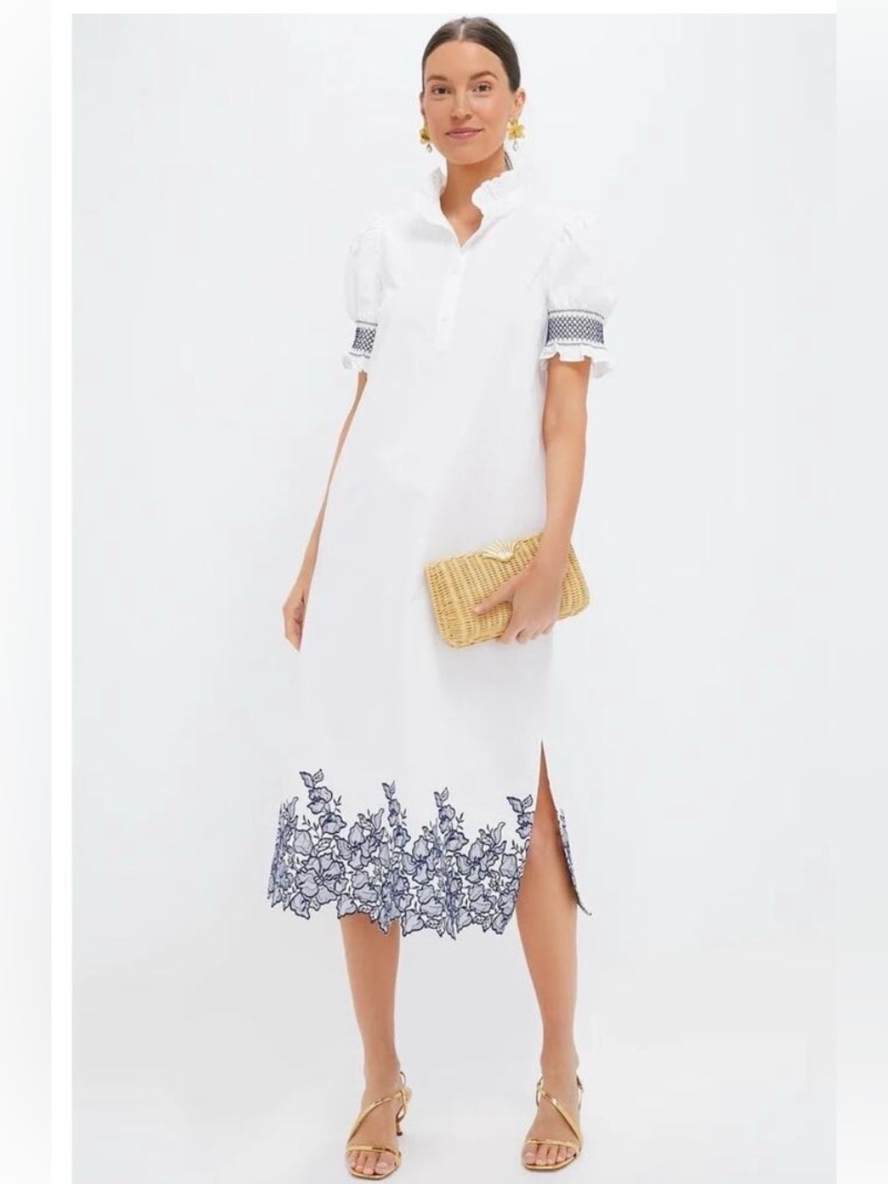 Hyacinth House White Embroidered Midi Dress with Navy Trim Large